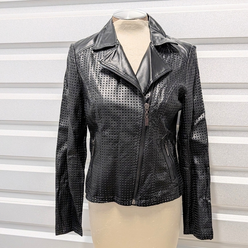 THE FILLMORE perforated faux leather  moto jacket S M